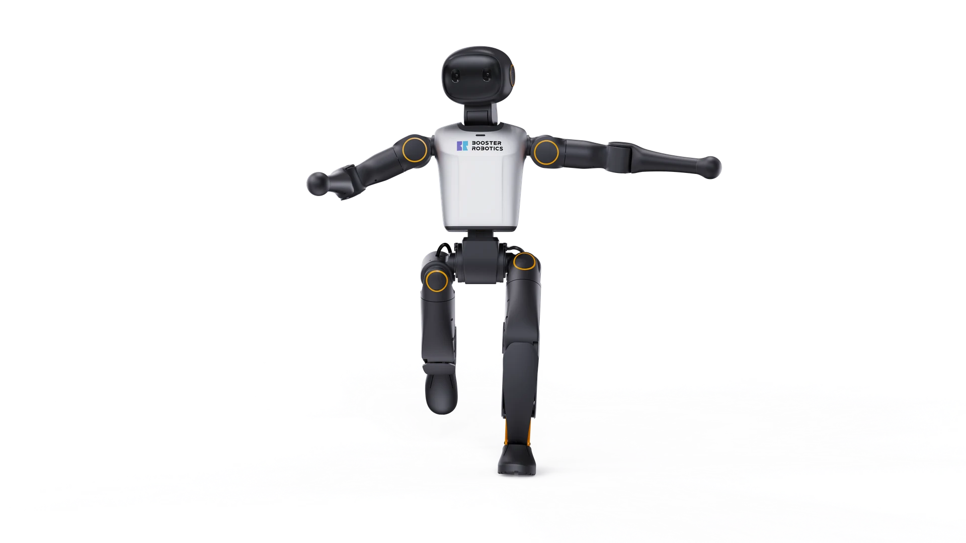 Full-body Booster K1 balancing with arms extended on a transparent background
