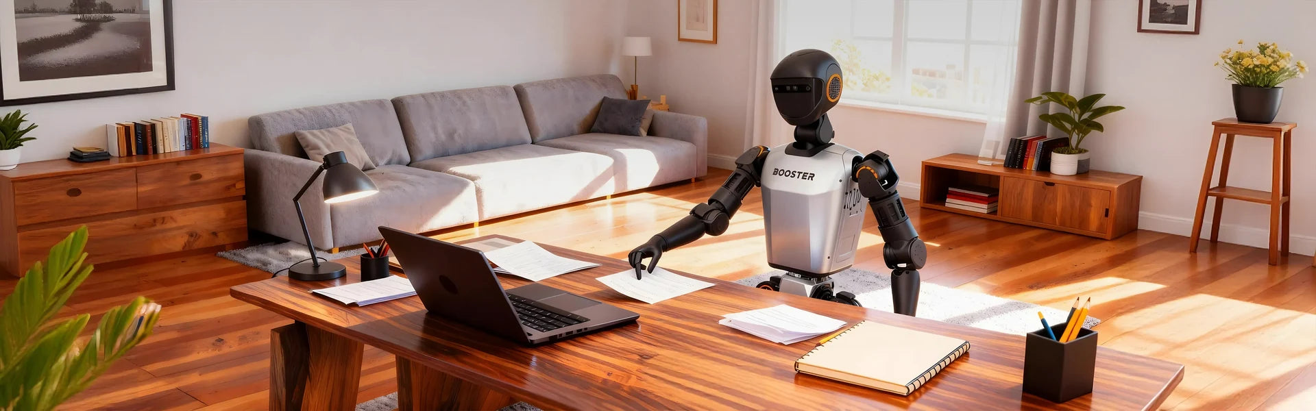 Booster T1 with customized end effectors beside a desk in official promotional imagery