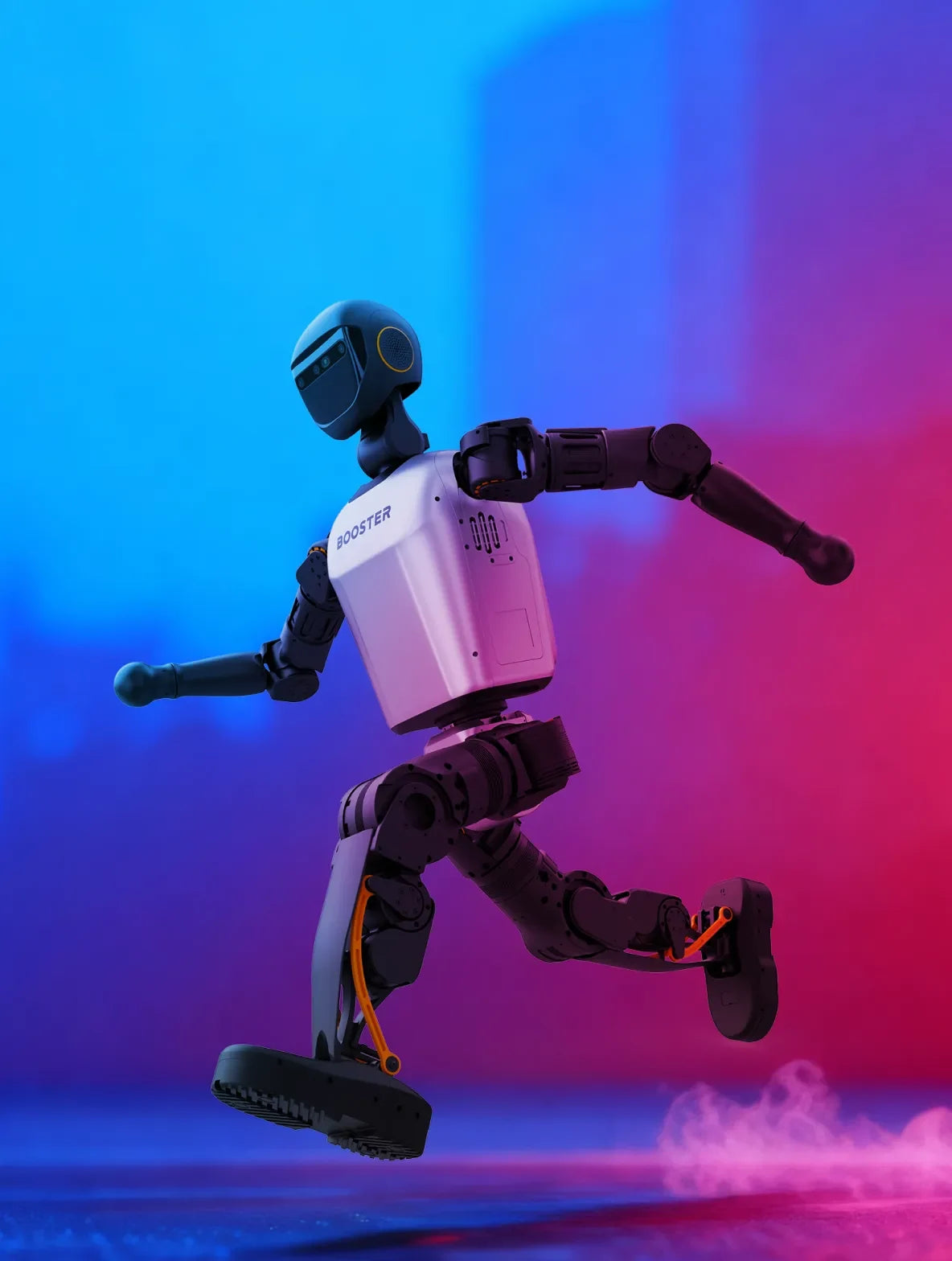 Full-body Booster T1 in a dynamic pose against a colored studio background