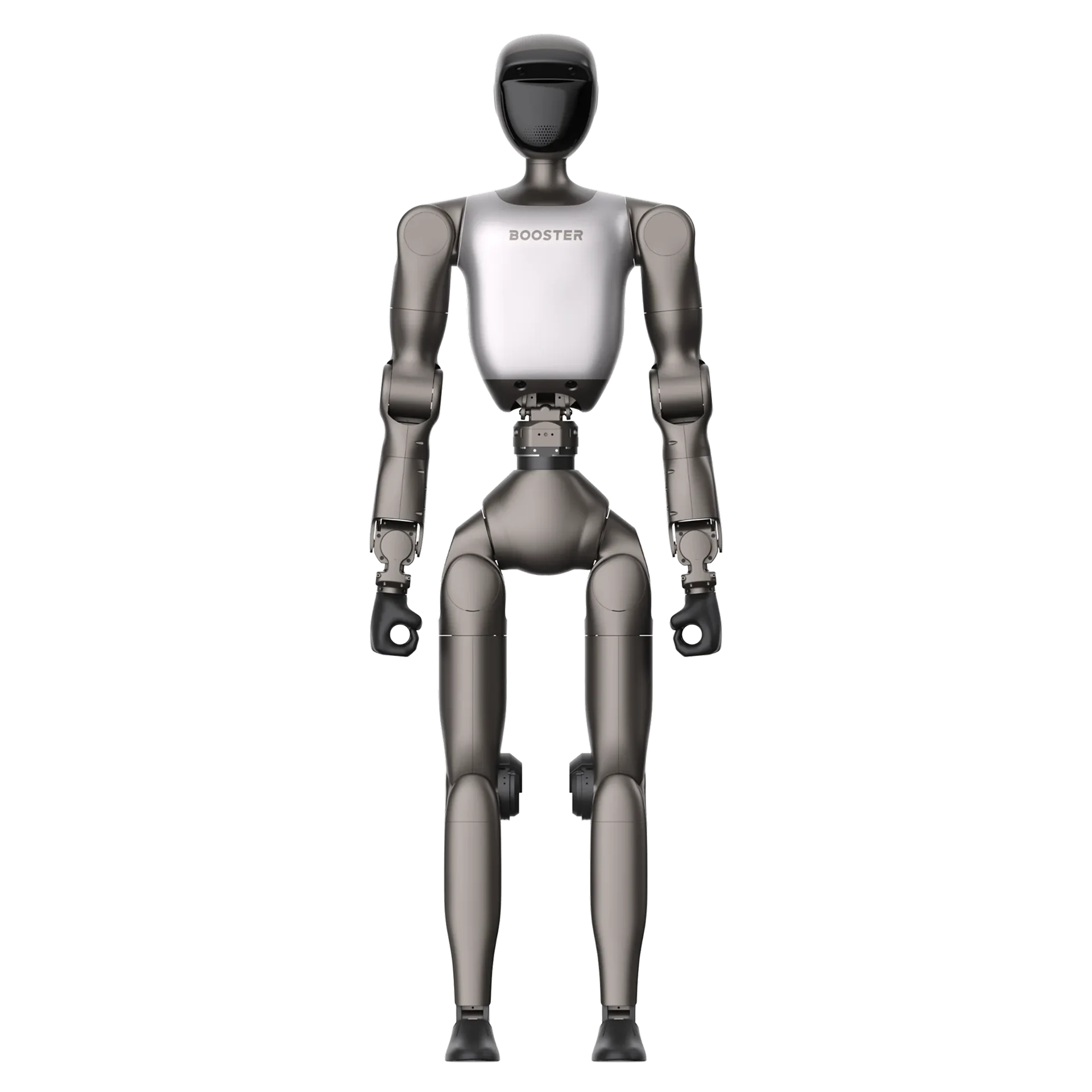 Official full-body front view of Booster T2 with basic end-effectors